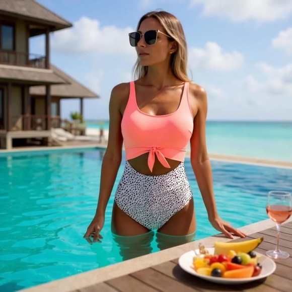 Eomenie One Piece Swimsuit XL Light Pink Print – Tummy Control Cutout - Picture 2 of 9